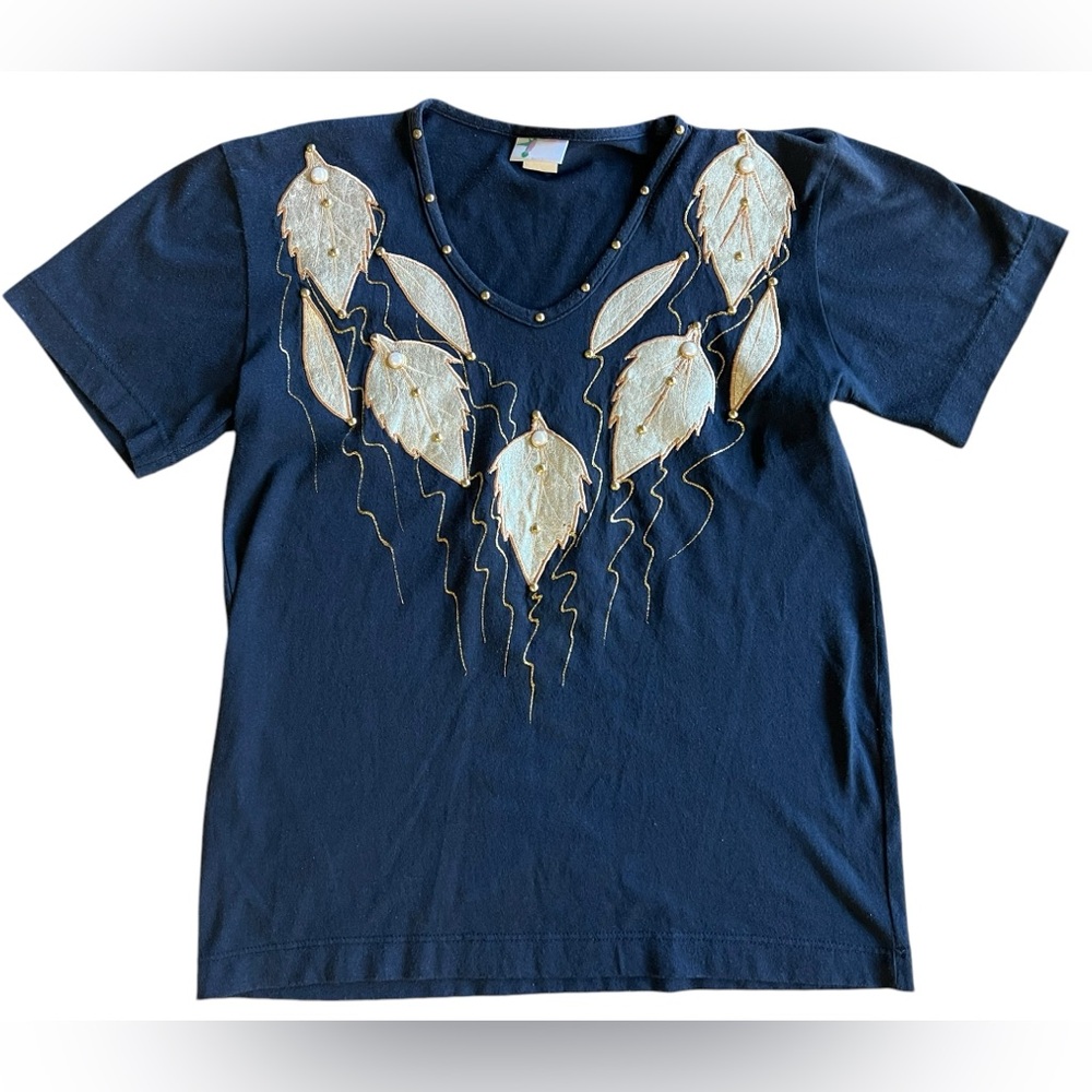 VTG Hummingbird Art Deco Gold Leaf Studded Pearl T-Shirt Made in USA Size M Top